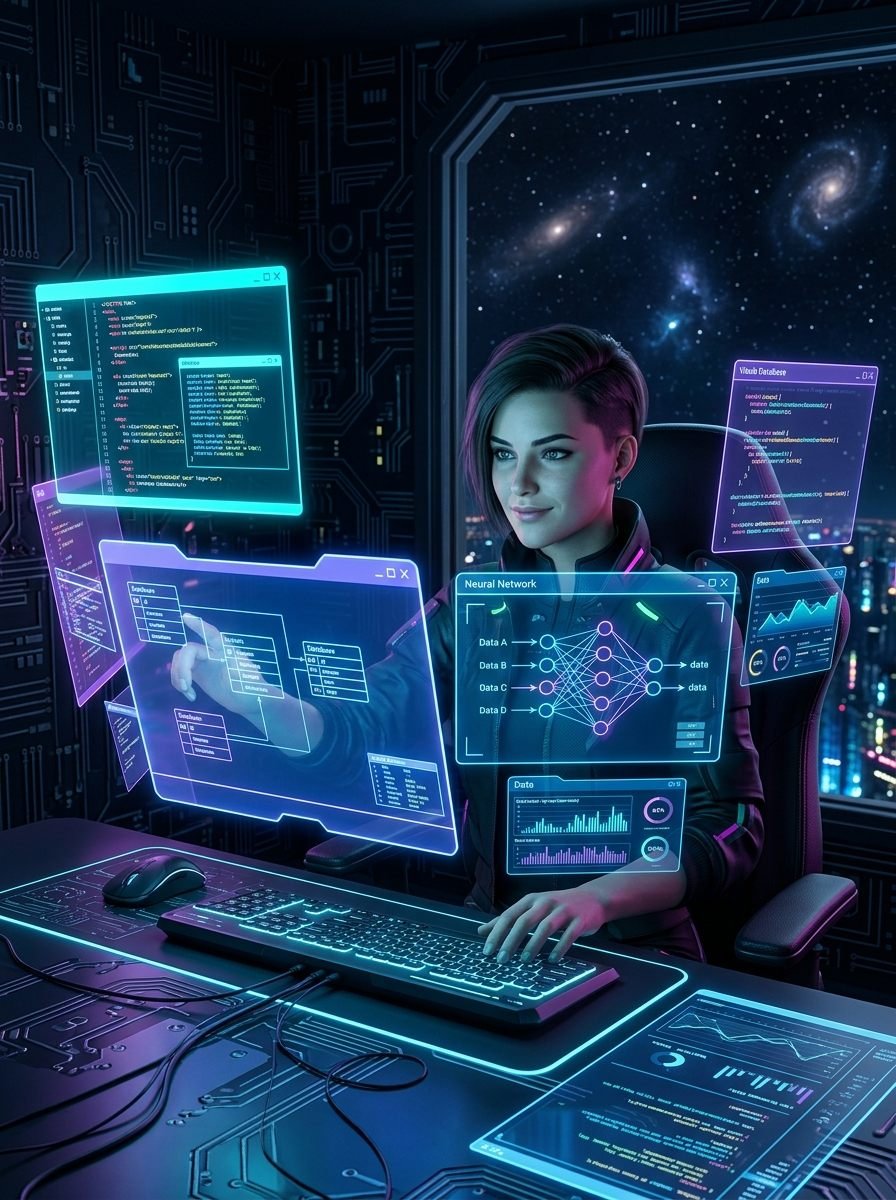 Carel Jay Lagazo — Full Stack Developer at a futuristic holographic workstation